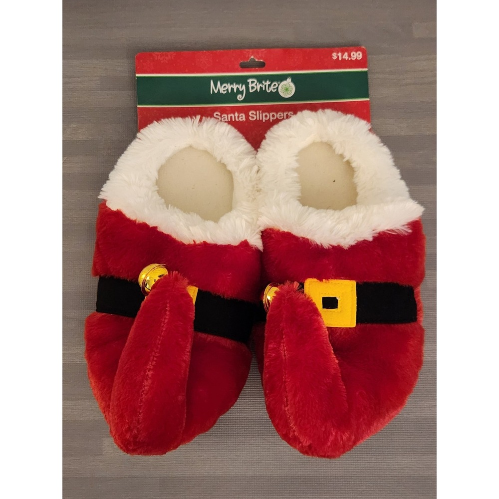 Merry Brite Santa Claus Slippers Red Faux Fur Jingle Bell Holiday Medium 7-8